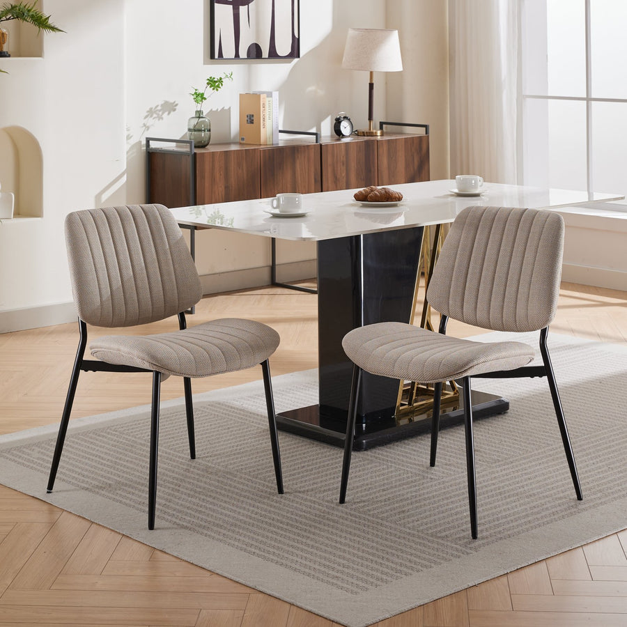 Beige Linen Dining Chairs with Wood Legs (Set of 2)