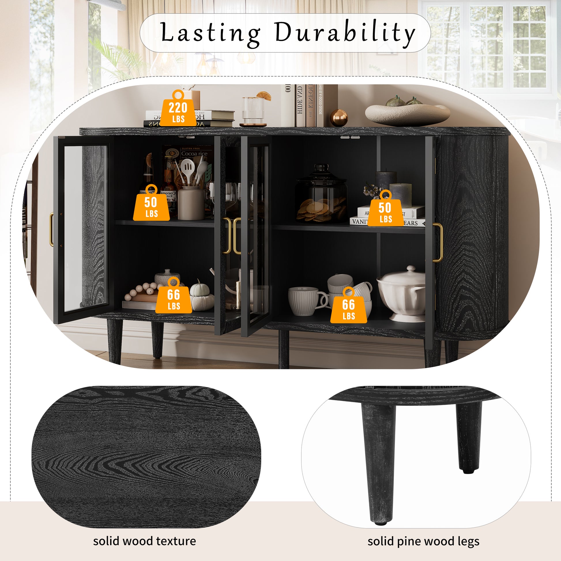 TREXM Farmhouse Sideboard Cabinet with Storage - Black - detail view 8