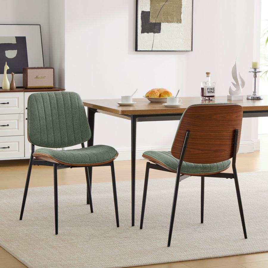Olive Green Linen Dining Chairs with Wood Legs (Set of 2)