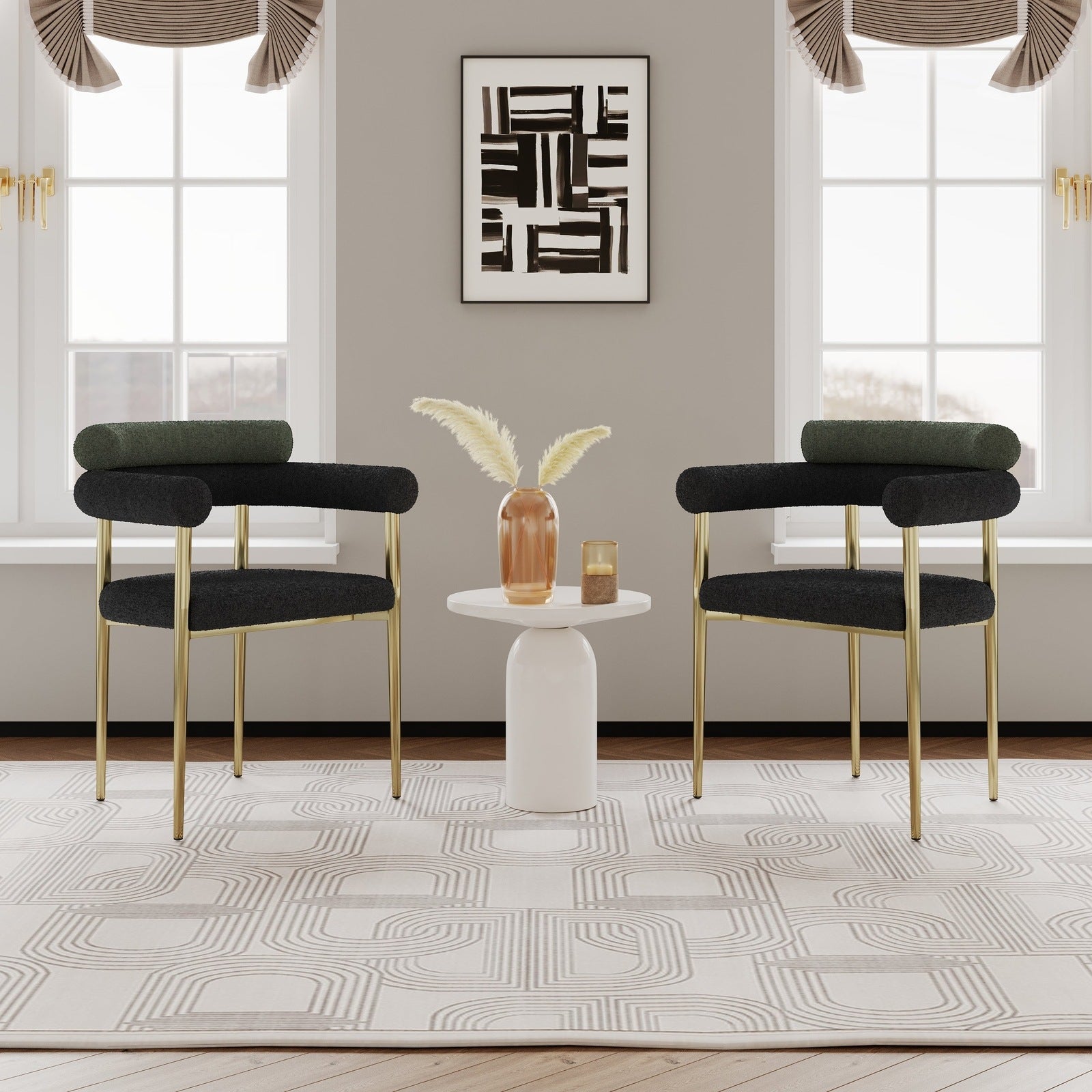 Mid-Century Modern Dining Chairs in Black & Dark Green Boucle