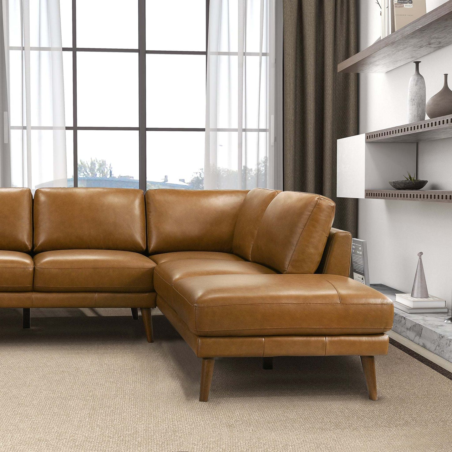 Mid-In Mod Benson Tan Leather Sectional Sofa with Right Facing Chaise - Mid-Century Modern Design - detail view 5