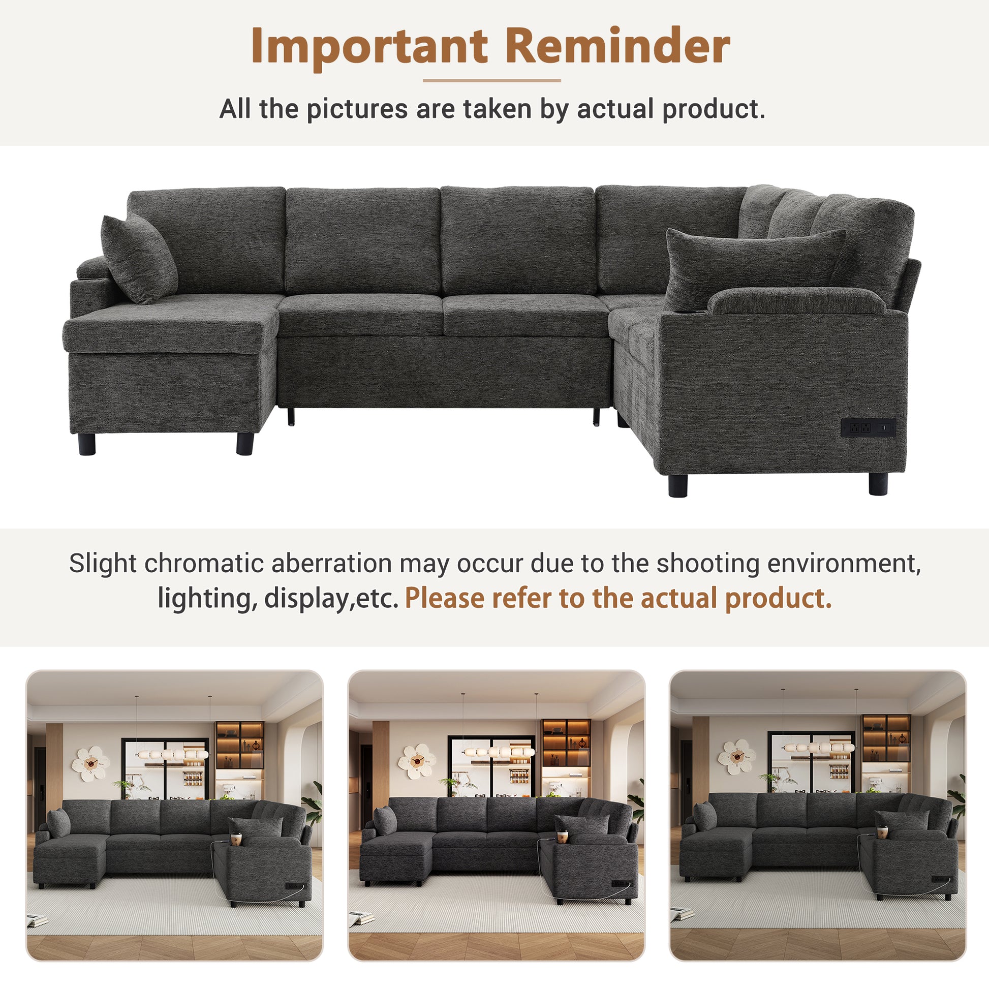 Versatile U-Shaped Sectional Bed with Storage - Grey - detail view 8