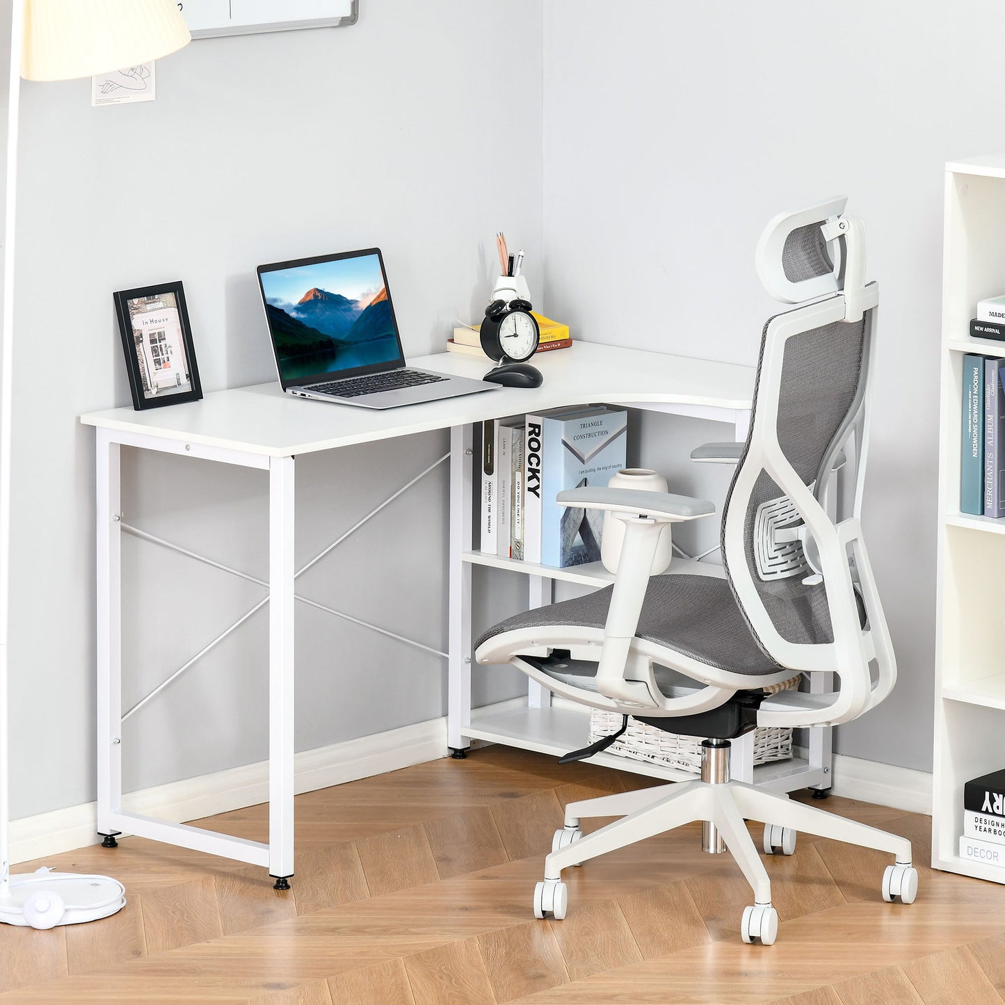 Salem Industrial L-Shaped Computer Desk with 2 Side Shelves and Steel Frame, Corner Desk,White
