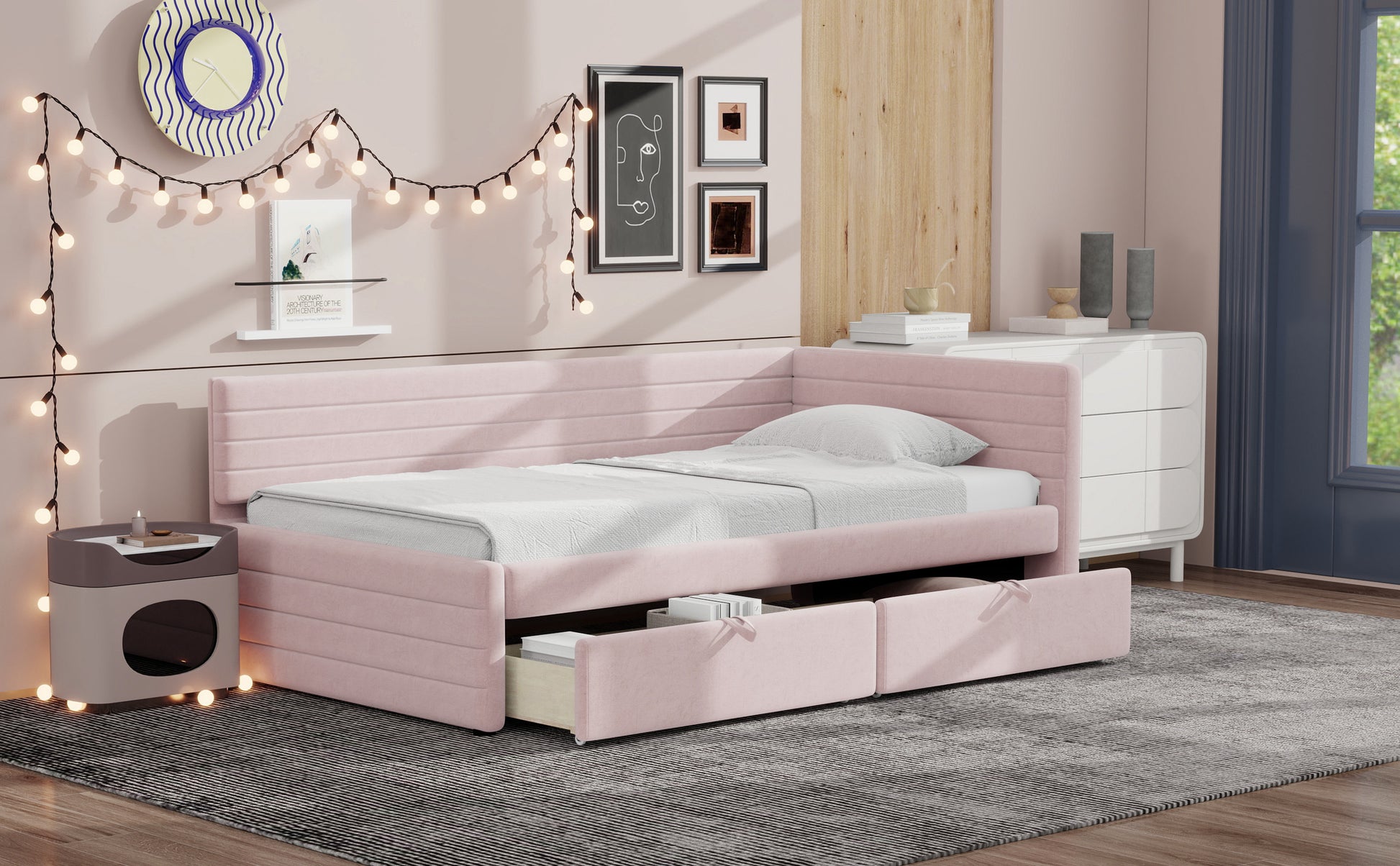 Aya Twin Size Upholstered Daybed with 2 Drawers, Pink