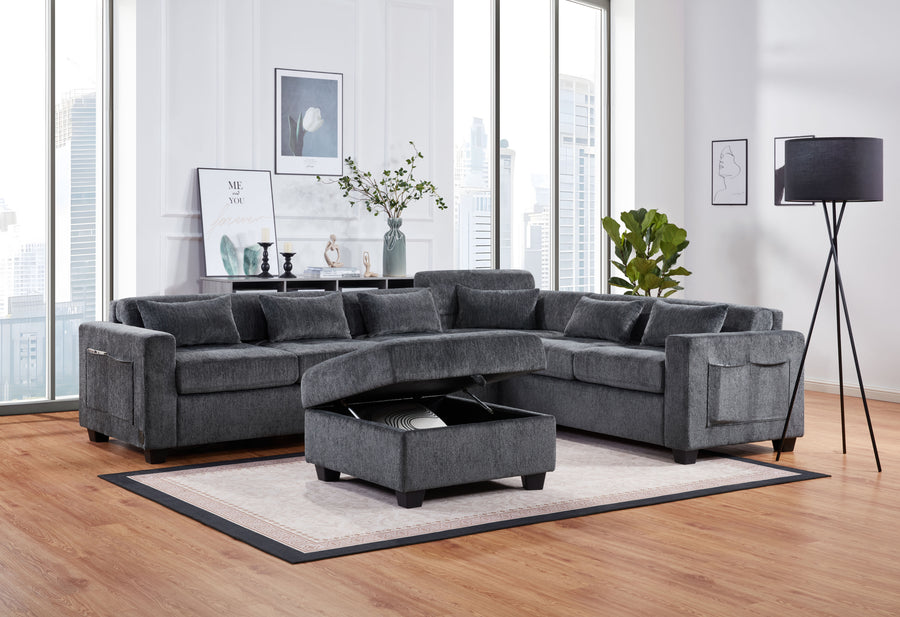 Trey 115'W Gray Chenille Sectional Sofa with Adjustable Backrest, Charging Ports, Pockets, Tufting, Storage Ottoman, Throw Pillows - primary color shot