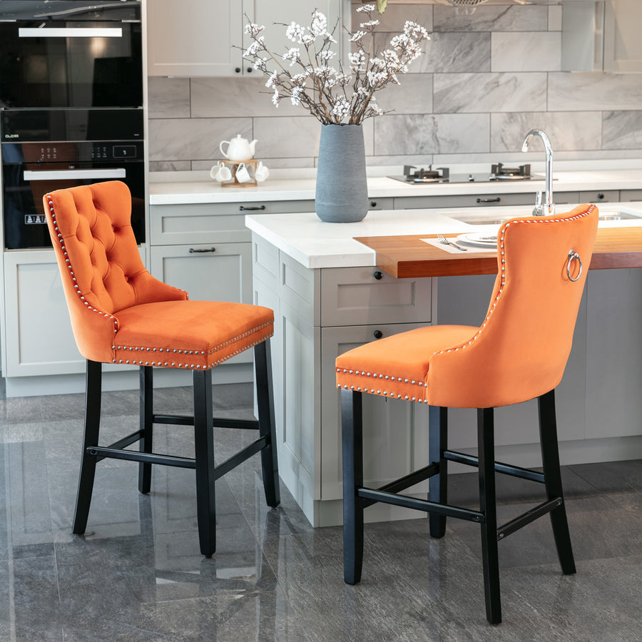 Orange Velvet Tufted Nailhead Trim Bar Stool with Silver Legs (Set of 2)