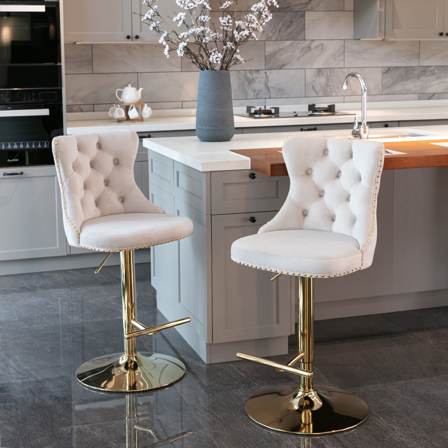 Beige Velvet Tufted Nailhead Trim Bar Stool with Gold Legs (Set of 2)