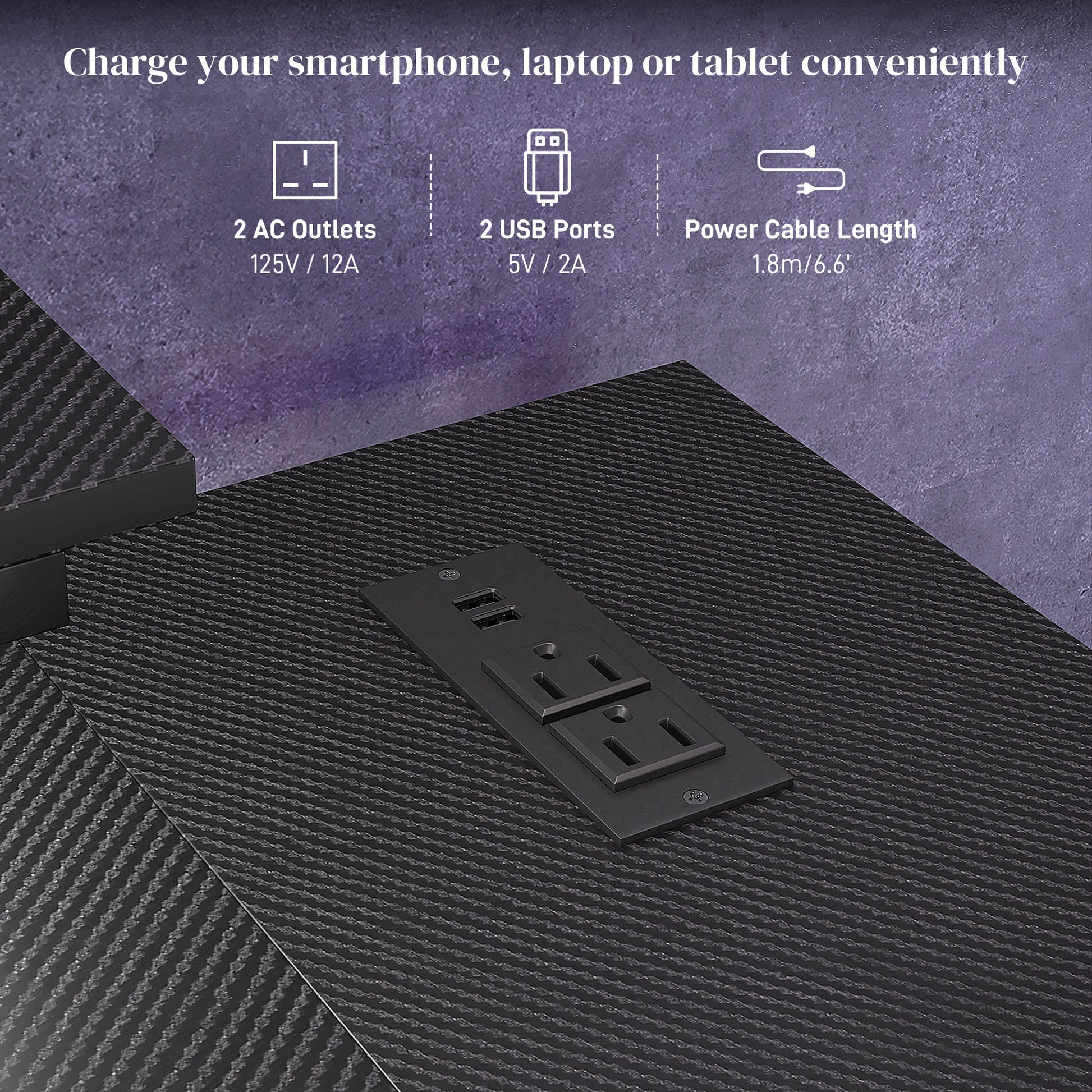 Wynn 42" L Shaped Desk with LED Lights, Power Outlet, USB Charging Ports, Black