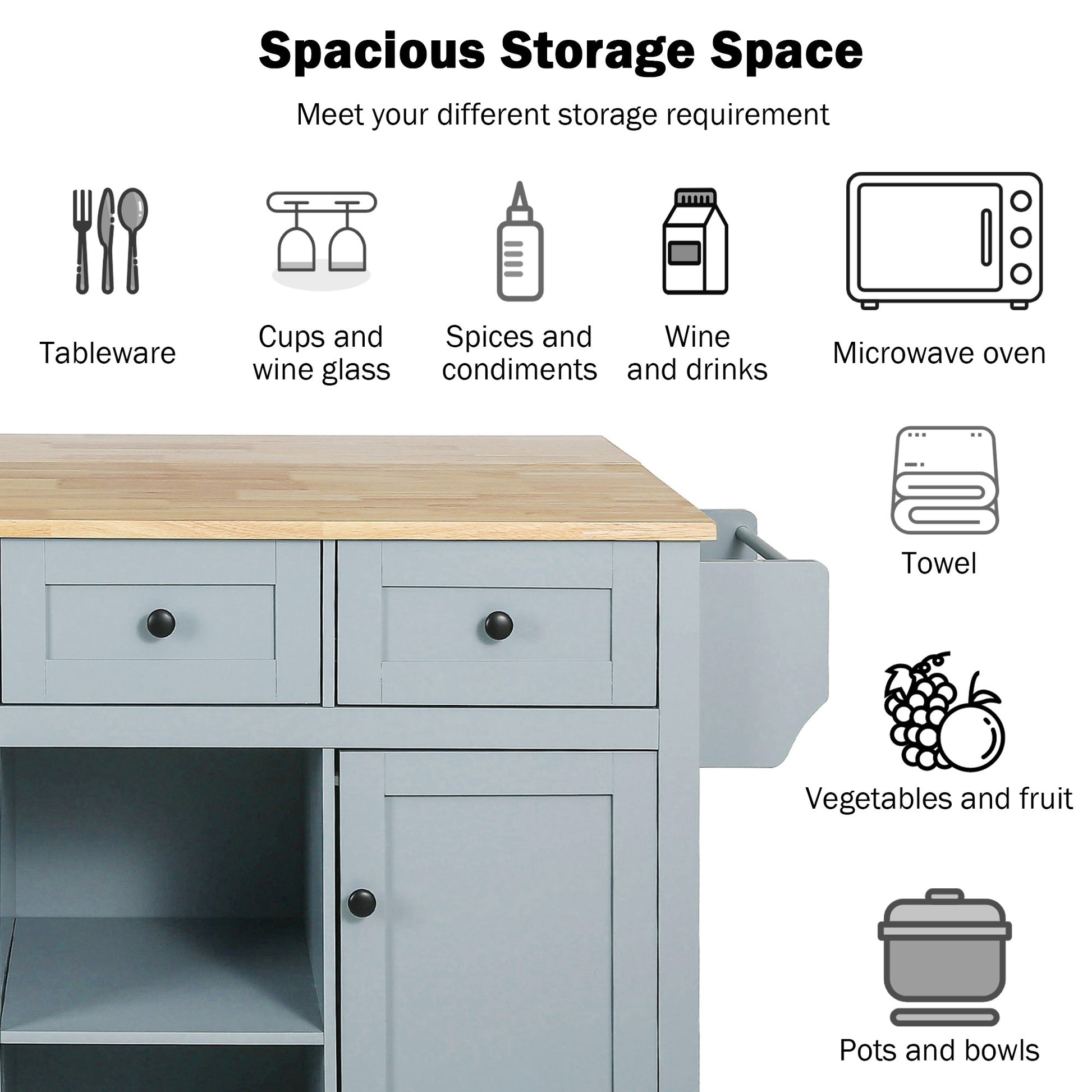 Kitchen Cart with Rubber Wood Drop-Leaf Countertop - Blue - detail view 6