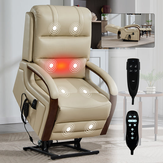 Power Beige Leatheraire Lift Recliner Chair Dual Motor Infinite Position Up to 350 LBS with Solid Wood Armrests - primary color shot