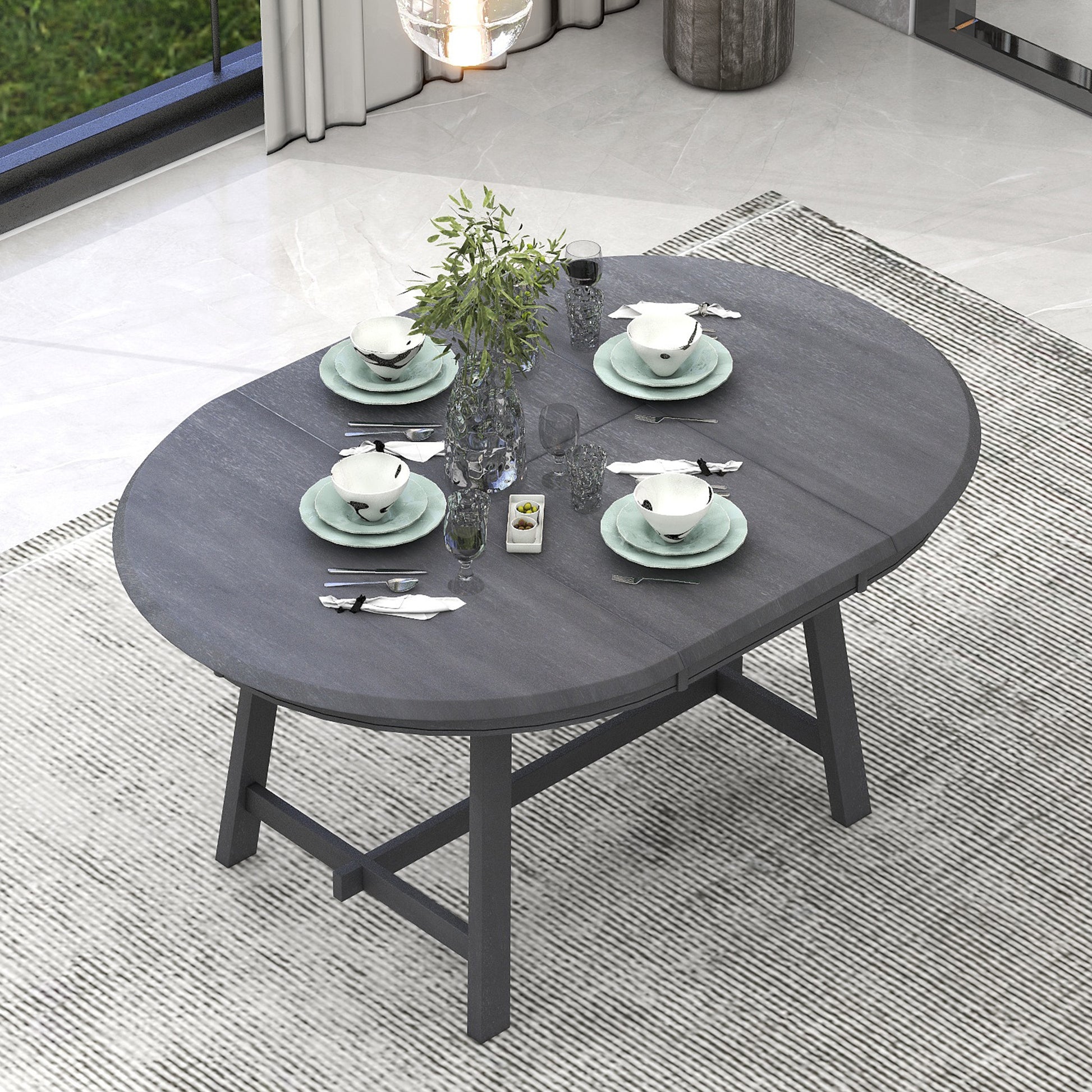 TREXM Wood Dining Table Round Extendable Dining Table for Dining Room (gray) - primary color shot