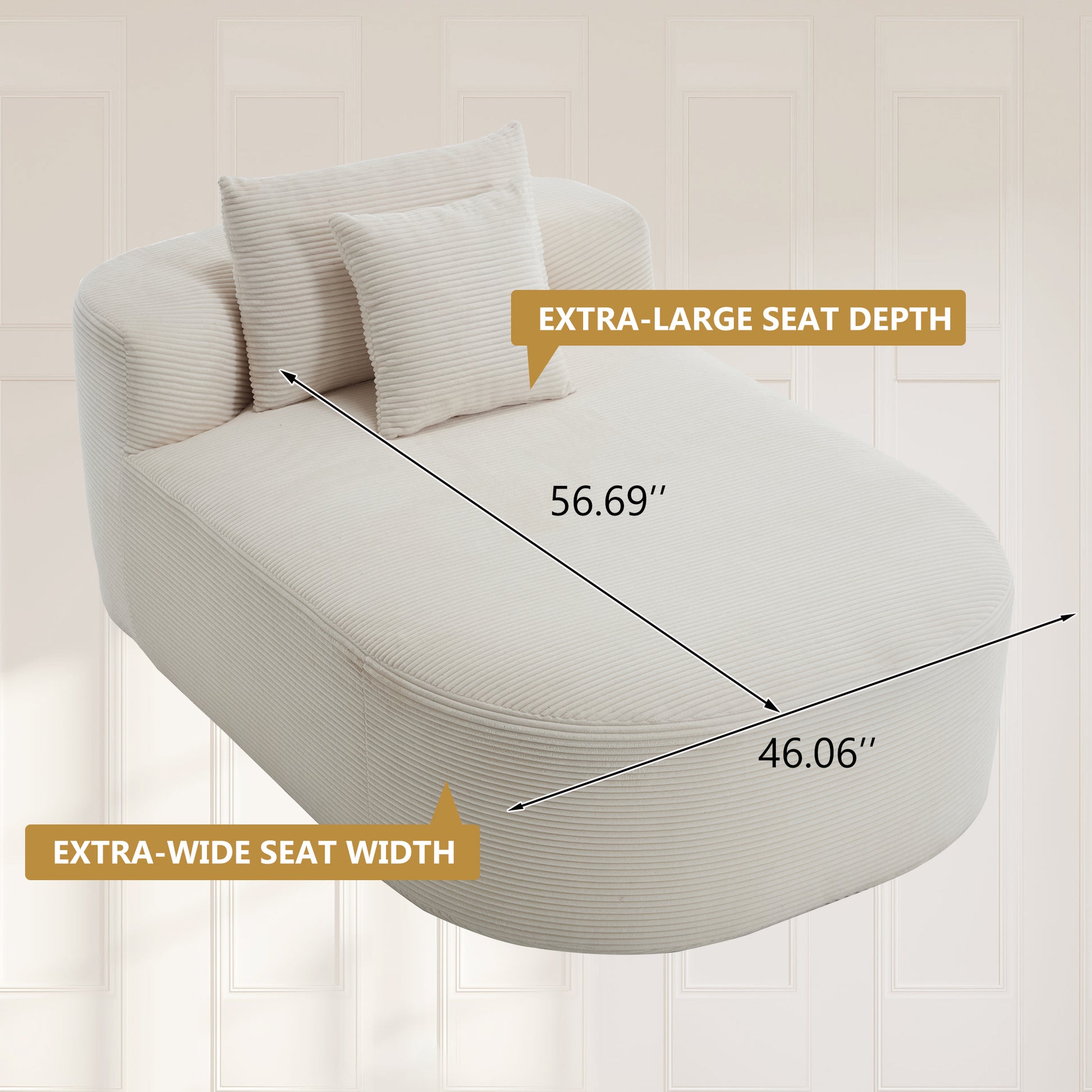 White Oversized Corduroy Chaise Lounge Sofa Bed with Deep Seat & Soft Pillows - Beige - detail view 5