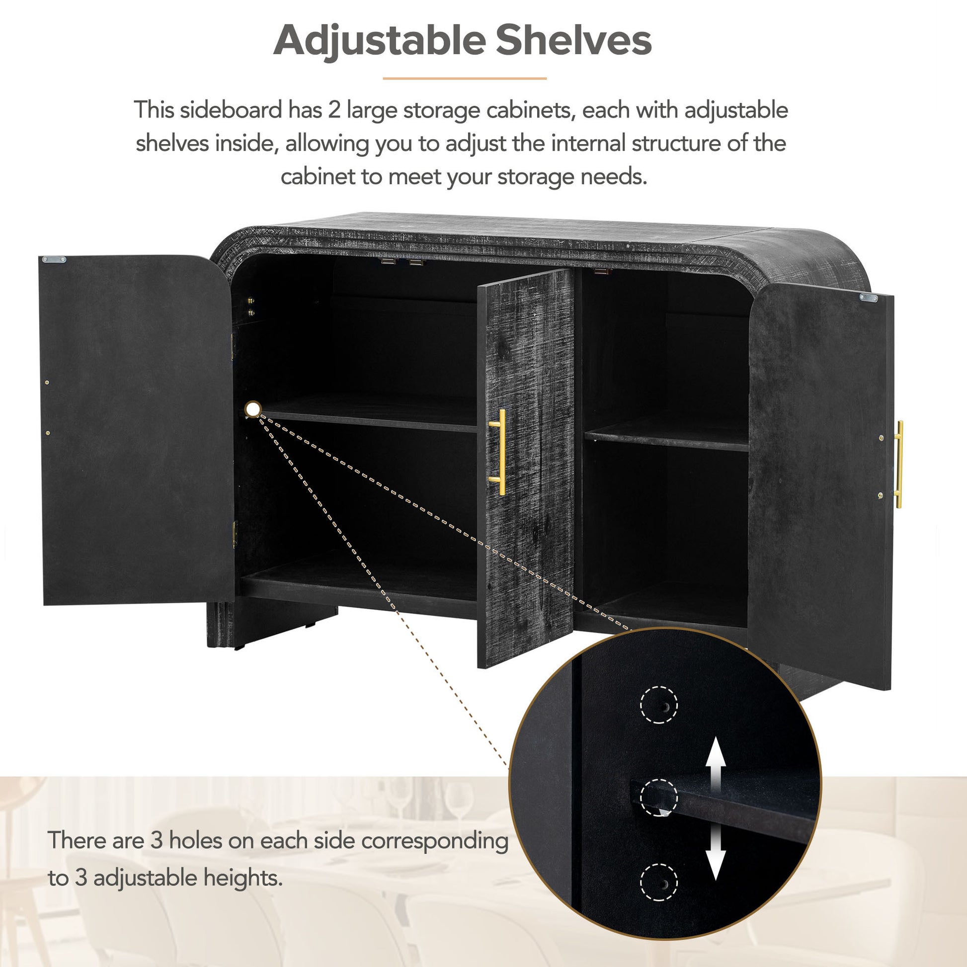 TREXM Retro Minimalist Curved Sideboard with Gold Handles and Adjustable Dividers - Antique Black - detail view 8