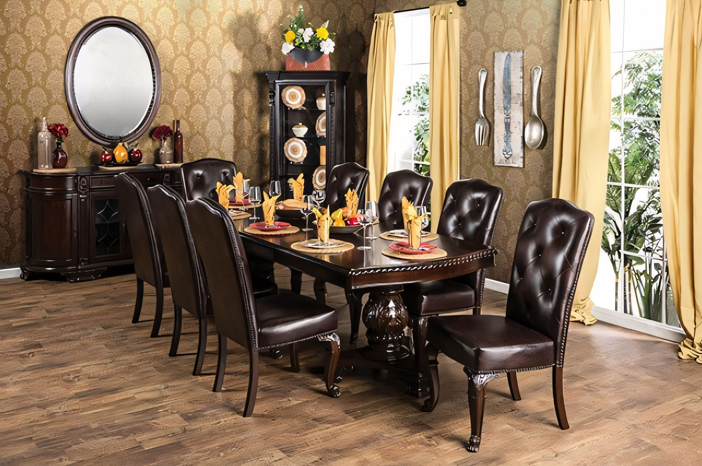 Bellagio 9-Piece Traditional Pedestal Dining Set - Brown Cherry