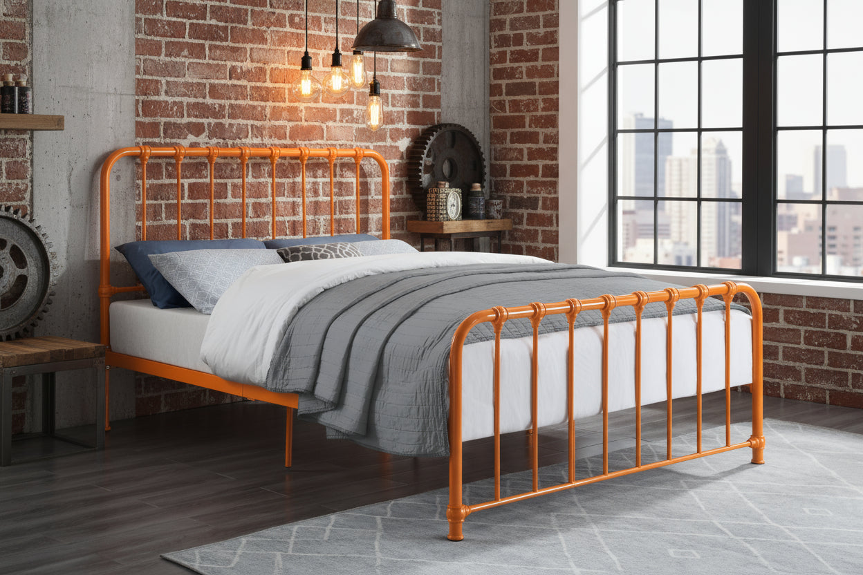 Orange metal bed frame with white bedding in a room with a window and lamp.