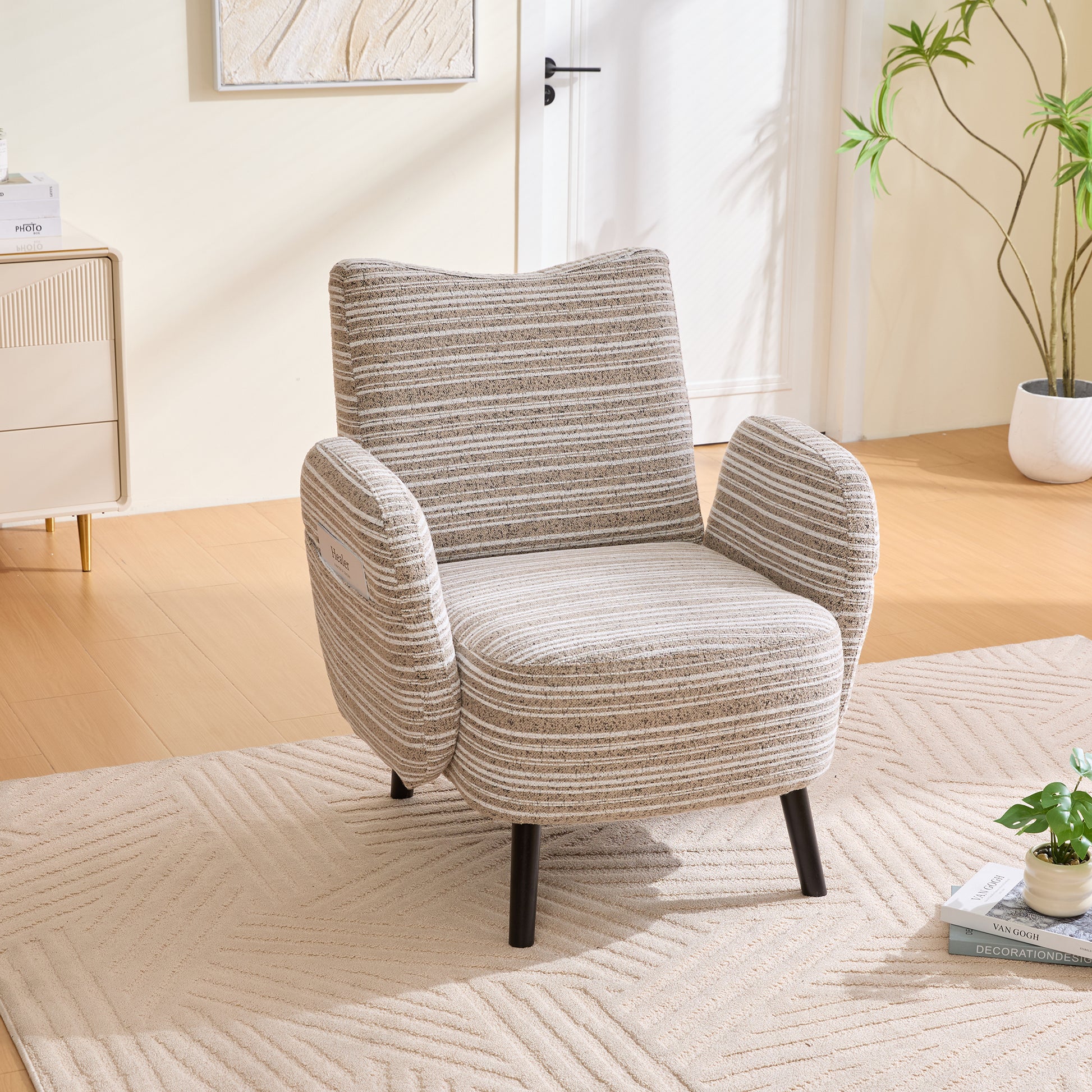 khaki Bouclé Accent Chair with Wood Legs - detail view 8