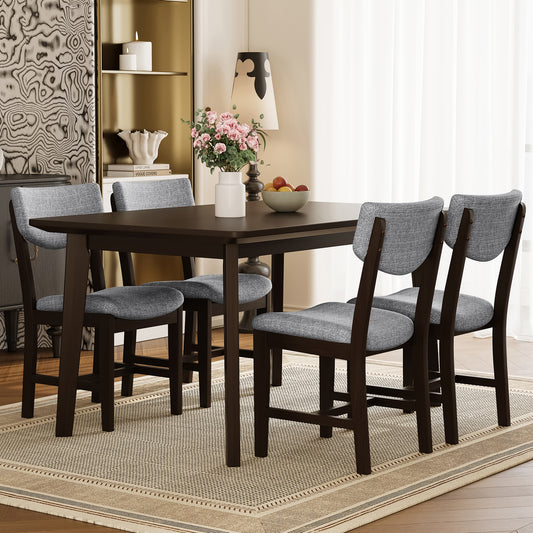 Rustic 5-Piece Dining Set - 1 Solid Wood Table + 4 Upholstered Chairs - Espresso - Gray - detail view 2
