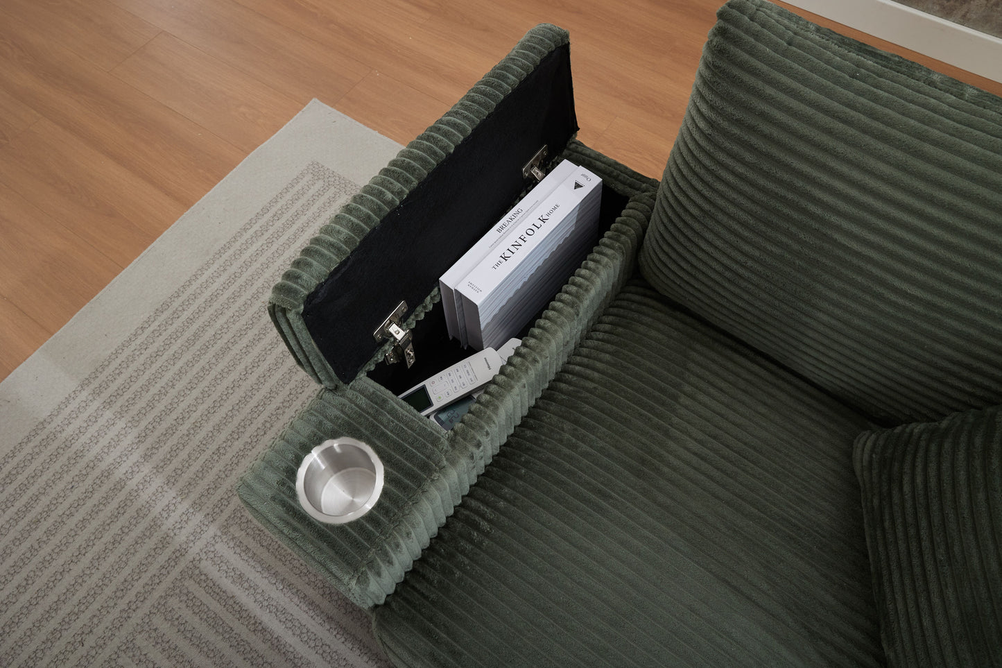 [video/new]corduroy Upholstered Chaise Lounge Sofa with Handrail Storage - Green - detail view 7