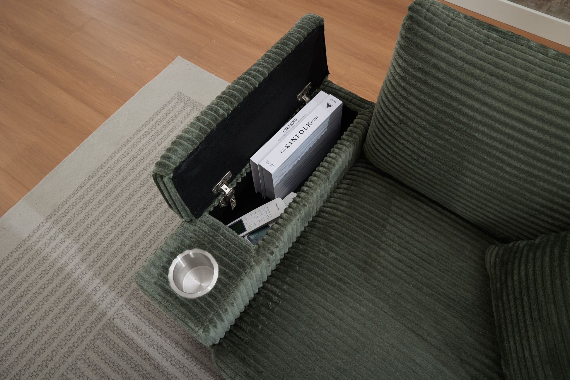 [video/new]corduroy Upholstered Chaise Lounge Sofa with Handrail Storage - Green - detail view 7