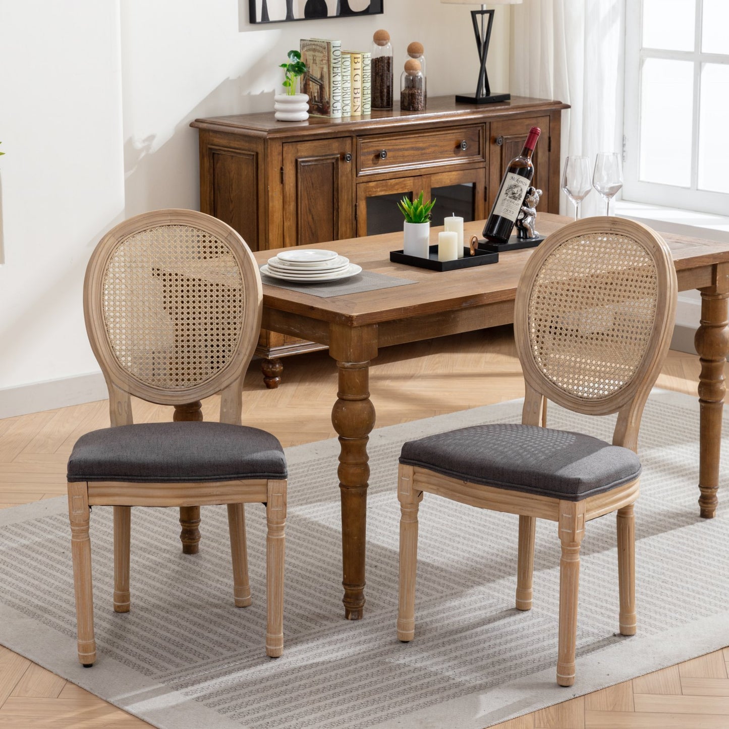 Ruby Solid Wood Oval Rattan Back Chairs with Linen Upholstered Seat Set of 2 Gray