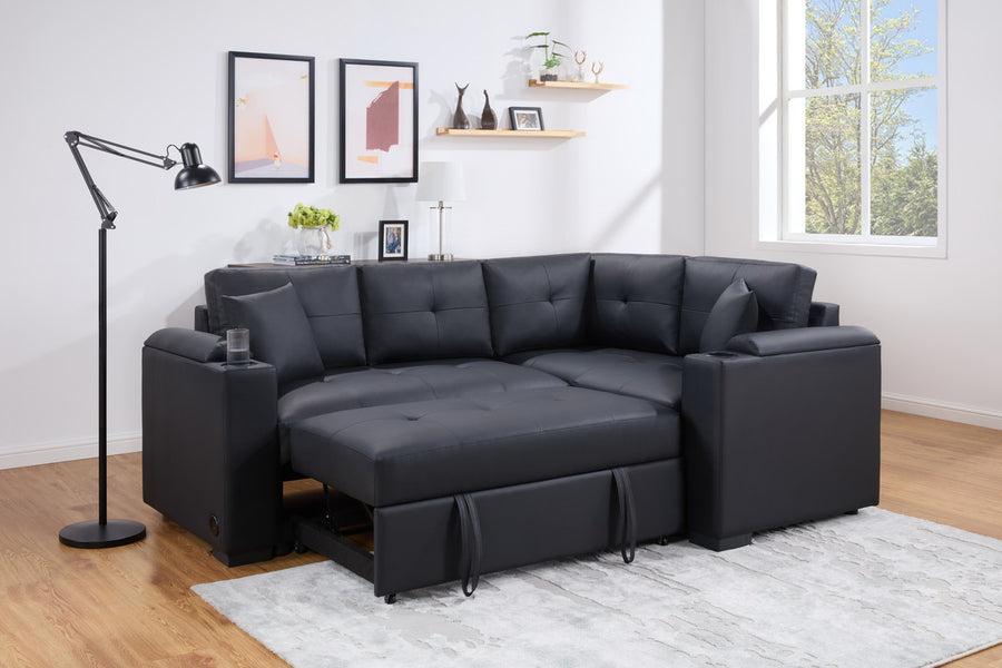 Donovan 84.5'W Black PVC Fabric Sleeper Sectional with USB Charger, Cupholders, Storage Arms - primary color shot