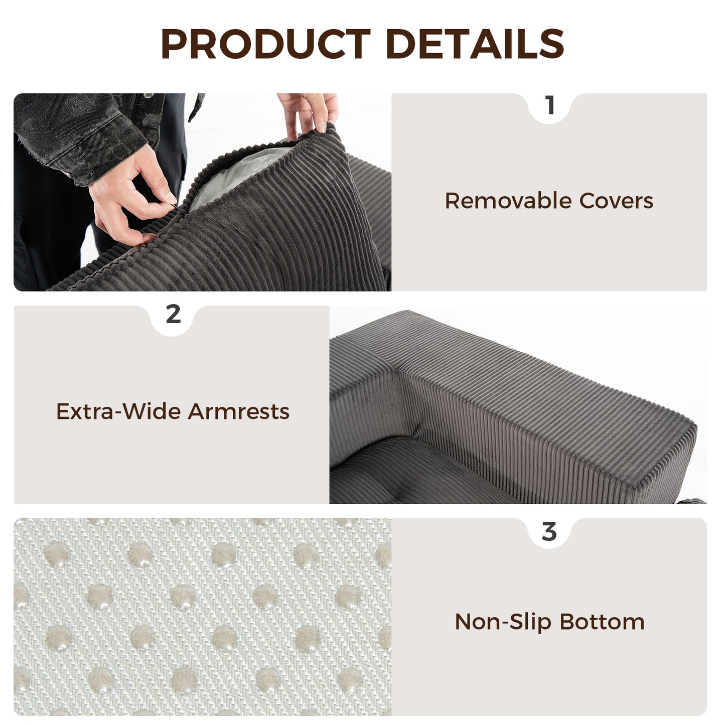 101' L-Shaped Modular Compression Sofa, 3-Seater Comfortable Cloud Sofa, Corduroy Fabric, with Movable Footrest, Free DIY Combination, Suitable for Living Room - detail view 5