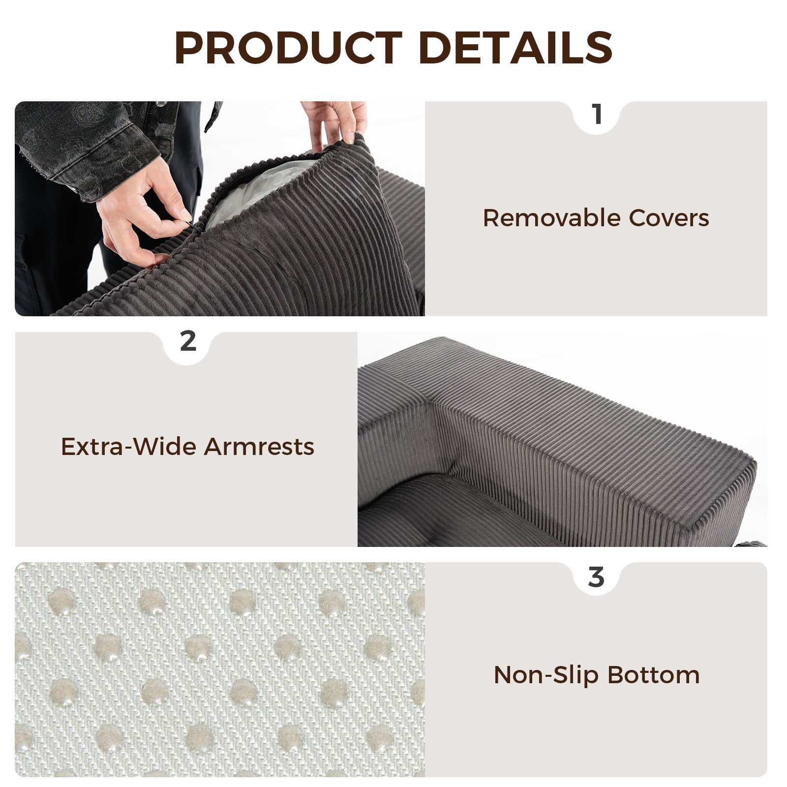 101' L-Shaped Modular Compression Sofa, 3-Seater Comfortable Cloud Sofa, Corduroy Fabric, with Movable Footrest, Free DIY Combination, Suitable for Living Room - detail view 5