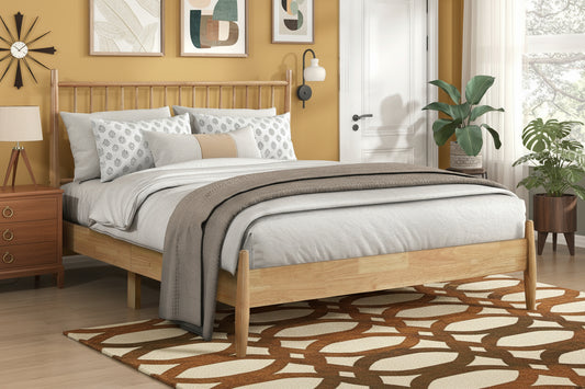 Wooden bed with bedding in a bedroom setting