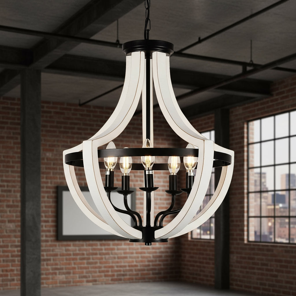 Chandelier with white and black design in a room with wooden ceiling