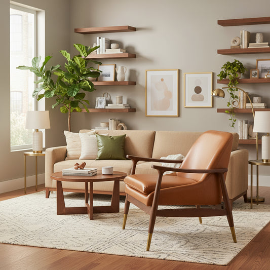 Brown leather armchair with wooden frame and gold feet on a white background