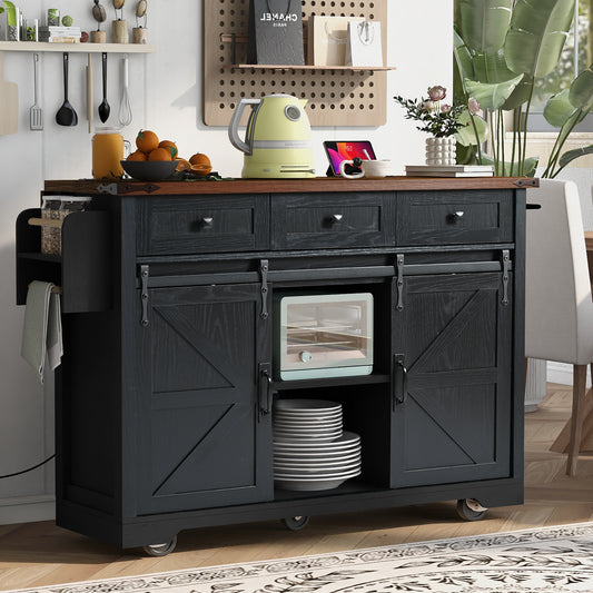 K&k 53.7' Farmhouse Kitchen Island with Power Outlet - Black - detail view 2
