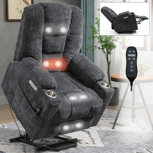 Emon's Large Power Lift Recliner Chair with Massage and Heat for Elderly - Grey - primary color shot