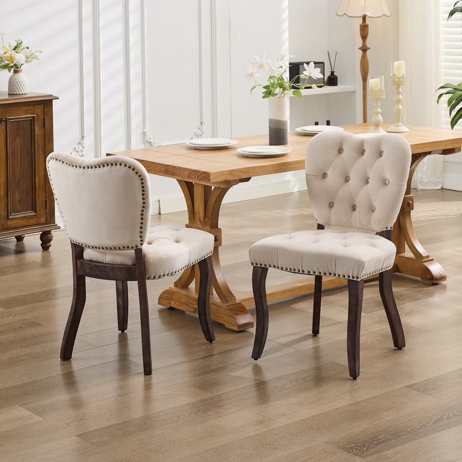 Beige Velvet Tufted Dining Chairs with Wood Legs (Set of 2)