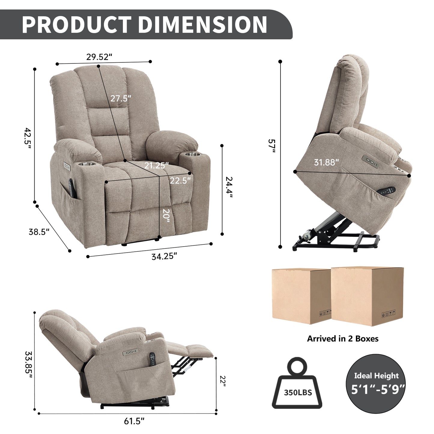 Power Lift Recliner Chair with Massage and Heat for Elderly - Khaki - detail view 2