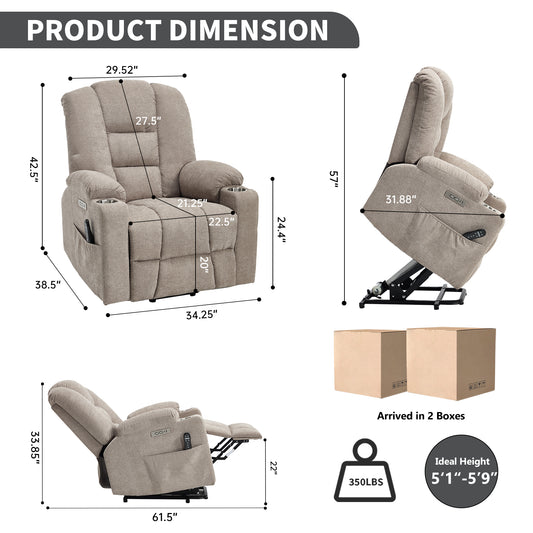 Power Lift Recliner Chair with Massage and Heat for Elderly - Khaki - detail view 2