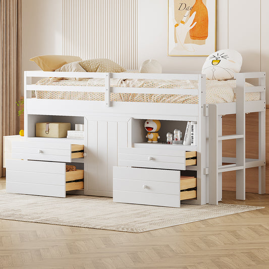 Twin Size Loft Bed with 4 Drawers - White - primary color shot