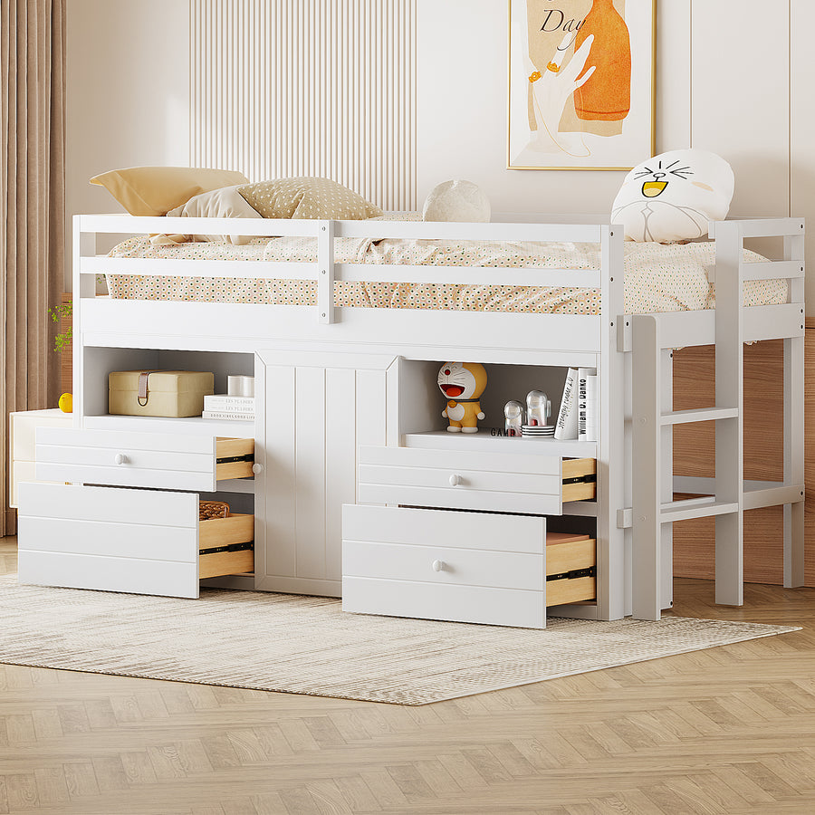 Twin Size Loft Bed with 4 Drawers - White - primary color shot