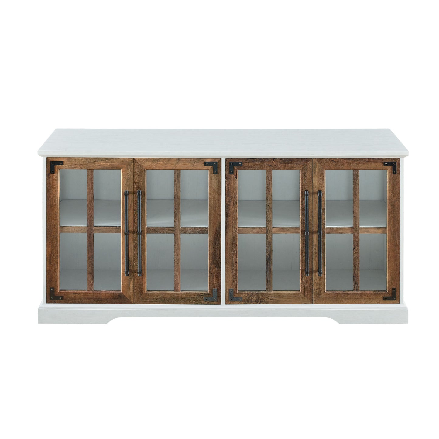 Kaia Modern Farmhouse Two-Tone Windowpane Glass-Door TV Stand for TVs up to 65" - Brushed White / Rustic Oak