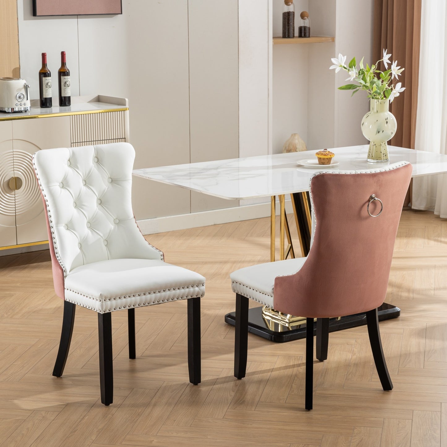 White PU PU Leather Tufted Nailhead Trim Dining Chairs with Gold Legs (Set of 2)