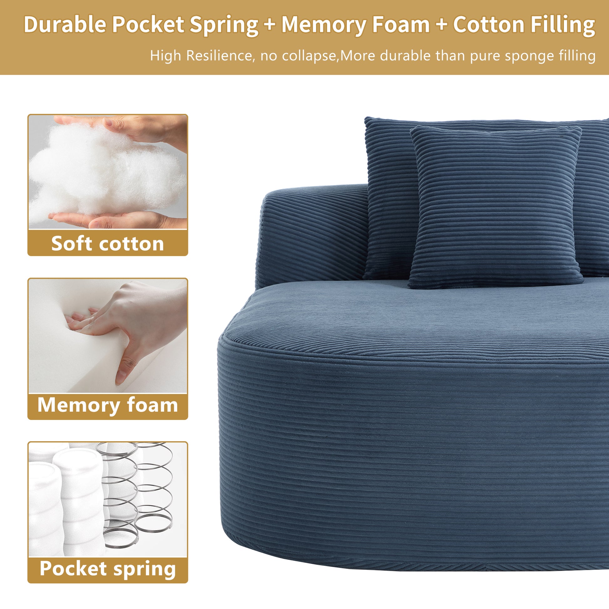Blue Oversized Corduroy Chaise Lounge Sofa Bed with Deep Seat & Soft Pillows - detail view 6