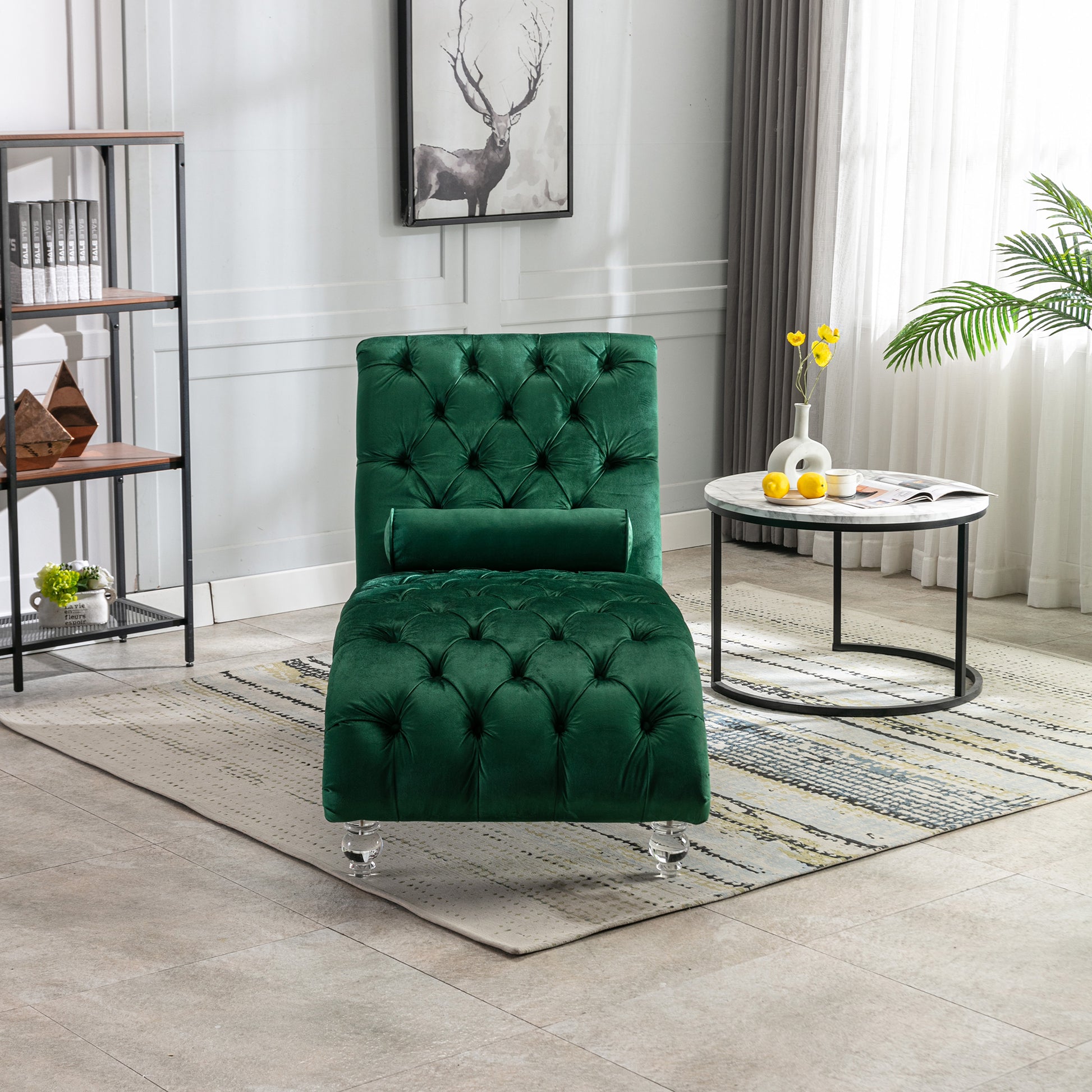 Emerald Velvet Tufted Chaise Lounge with Wood Legs - detail view 4