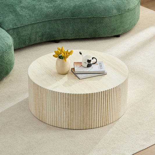 Faux Travertine Round Coffee Table with Eye-Catching Relief Design - Beige - detail view 2