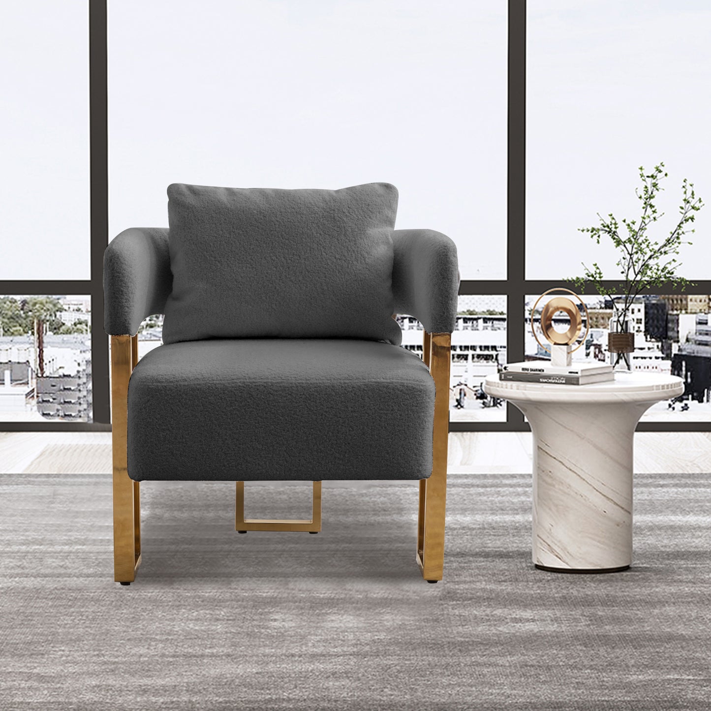 Grey Bouclé Steel Frame Accent Chair with Gold Legs - detail view 2