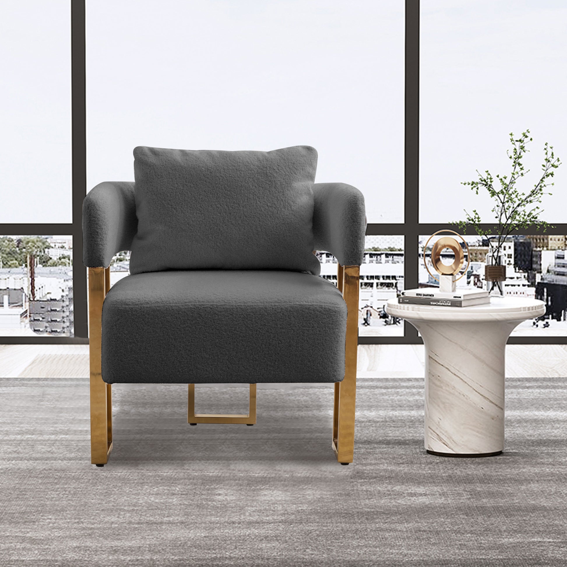 Grey Bouclé Steel Frame Accent Chair with Gold Legs - detail view 2