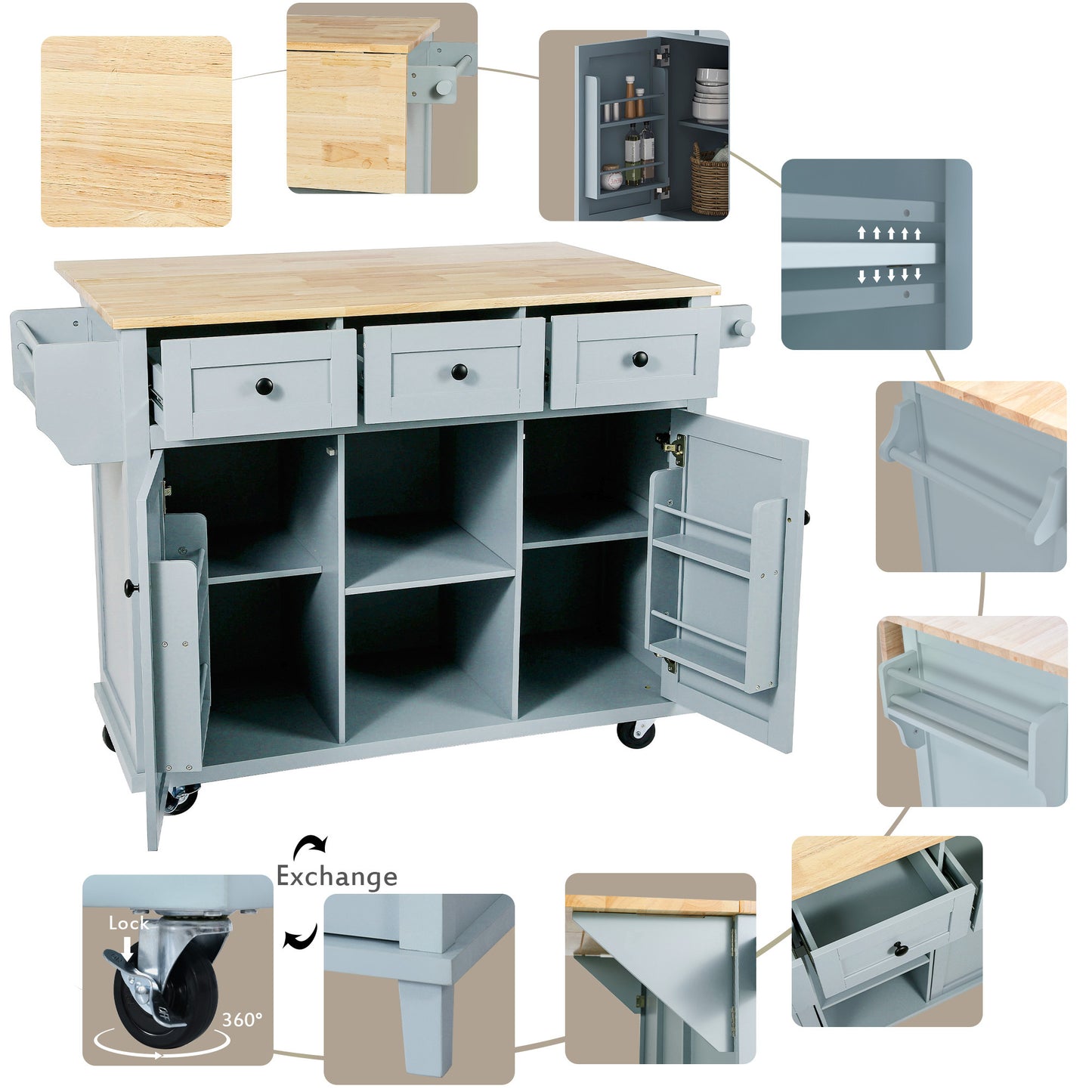Kitchen Cart with Rubber Wood Drop-Leaf Countertop - Blue - detail view 8