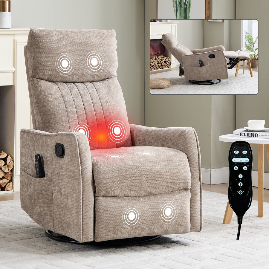 Khaki Heat Massage Manual Recliner Chair with Rocker and Swivel in Fabric - primary color shot