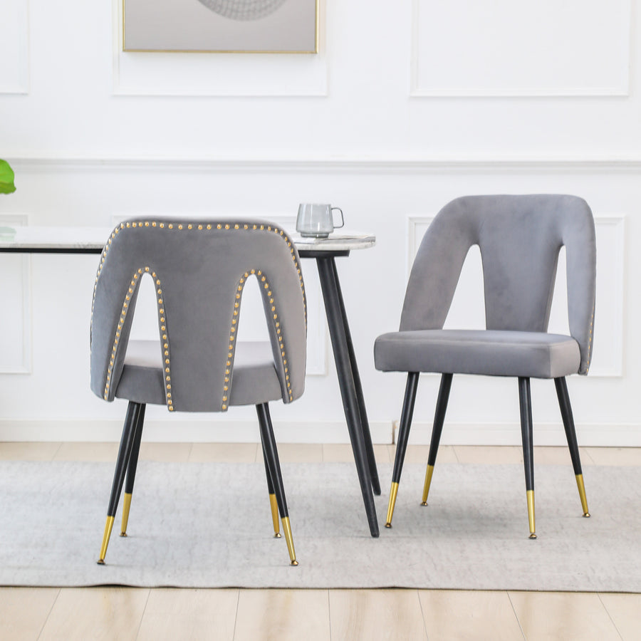 Gray Velvet Nailhead Trim Dining Chairs with Gold Legs (Set of 2)