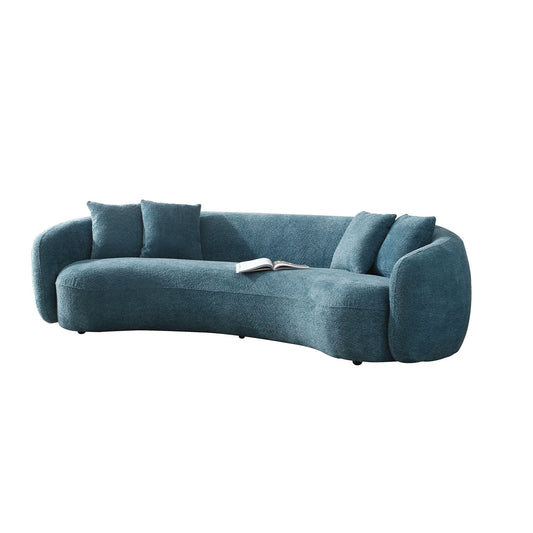 5-Seater Blue Boucle Curved Sofa with Throw Pillows