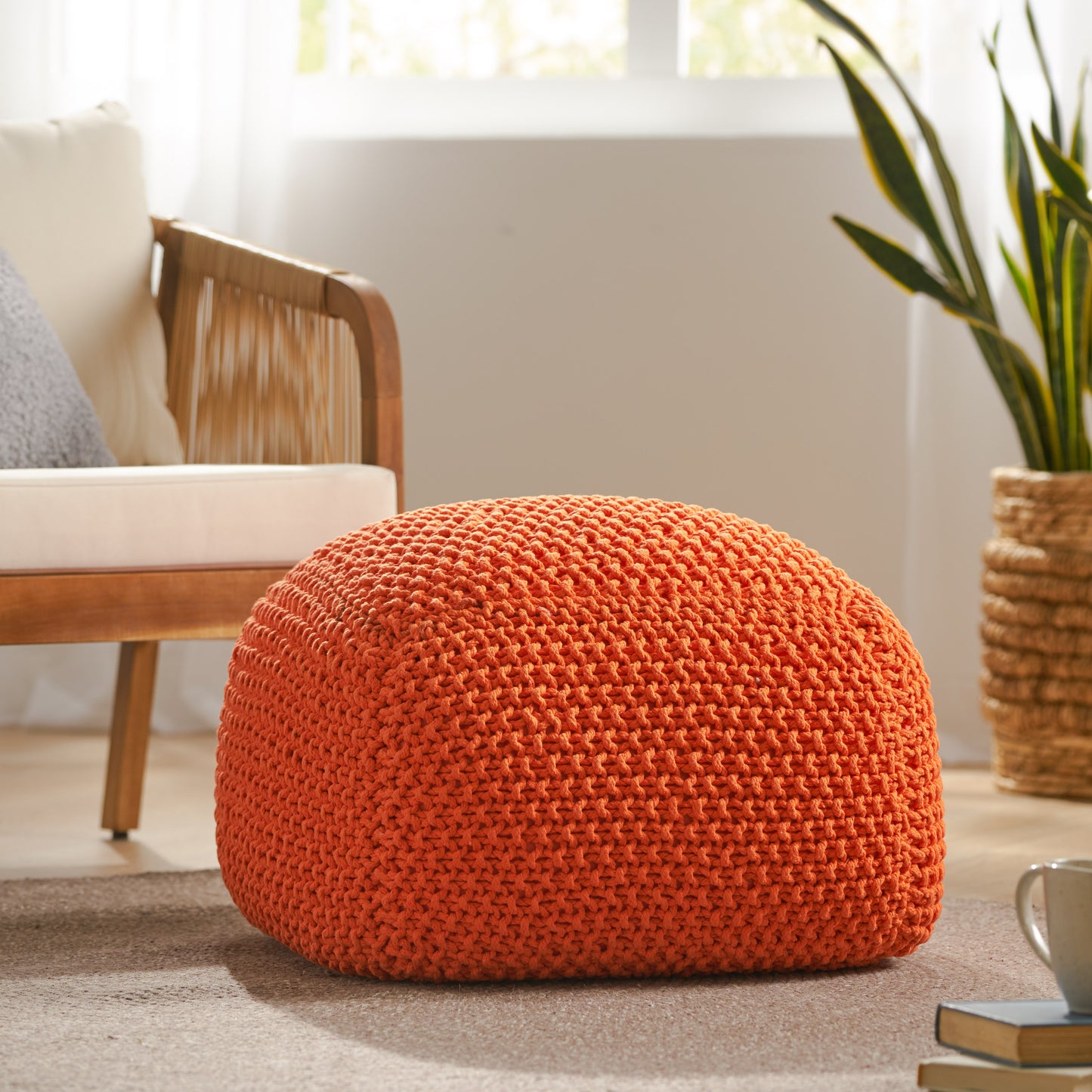 Solana Hand-Knitted Cotton Pouf – Orange