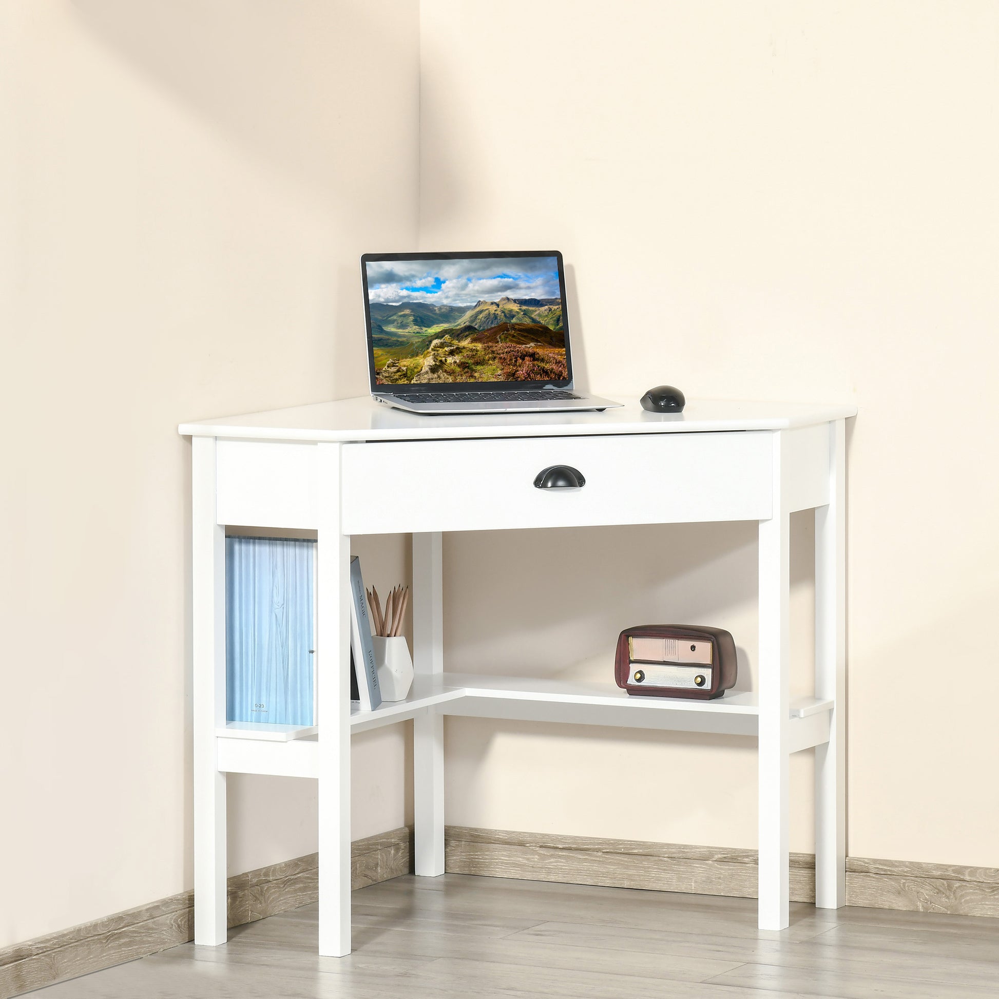 Sylas Corner Desk, Triangle Computer Desk with Drawer and Storage Shelves, White